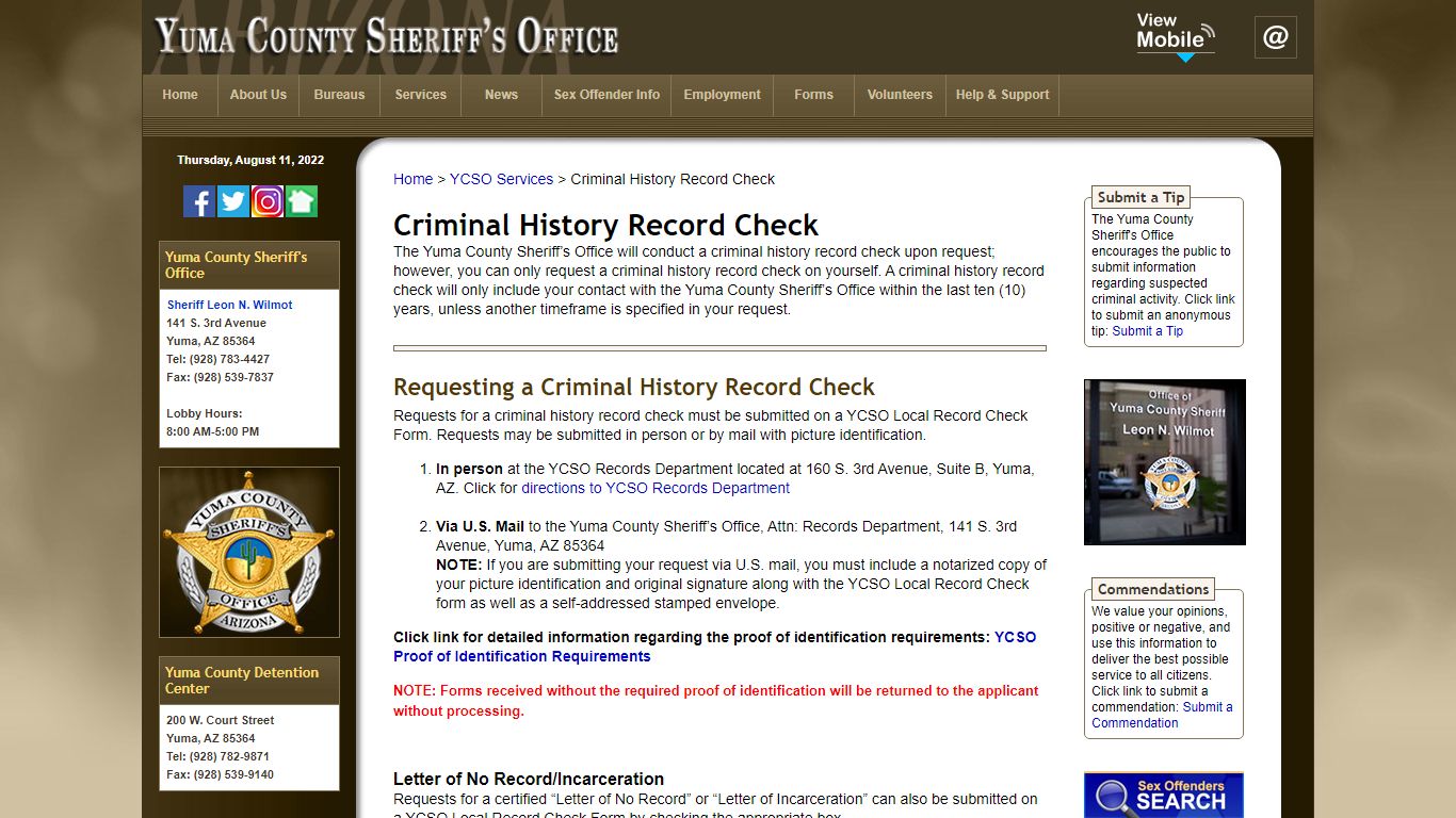 Yuma County Sheriff's Office: Criminal History Record Check
